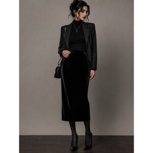 Vintage Tweeds Black Velvet Midi Pencil Skirt 12 Silk Blend Corporate Goth 90s
